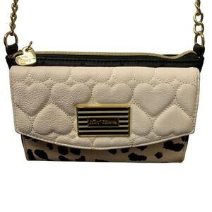 Betsey Johnson Quilted Heart Ivory Black Leopard Chain Crossbody Bag  Y2K Style